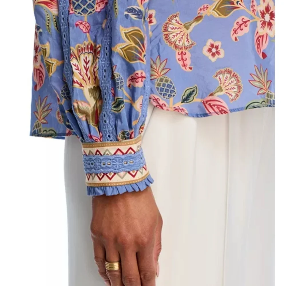 Farm Rio Superbloom Tapestry Top Boho Feminine Blue Small 253 - Picture 6 of 10